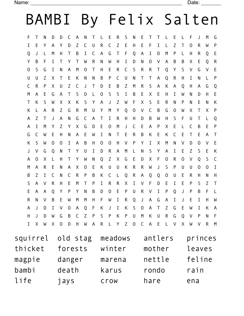 BAMBI By Felix Salten Word Search