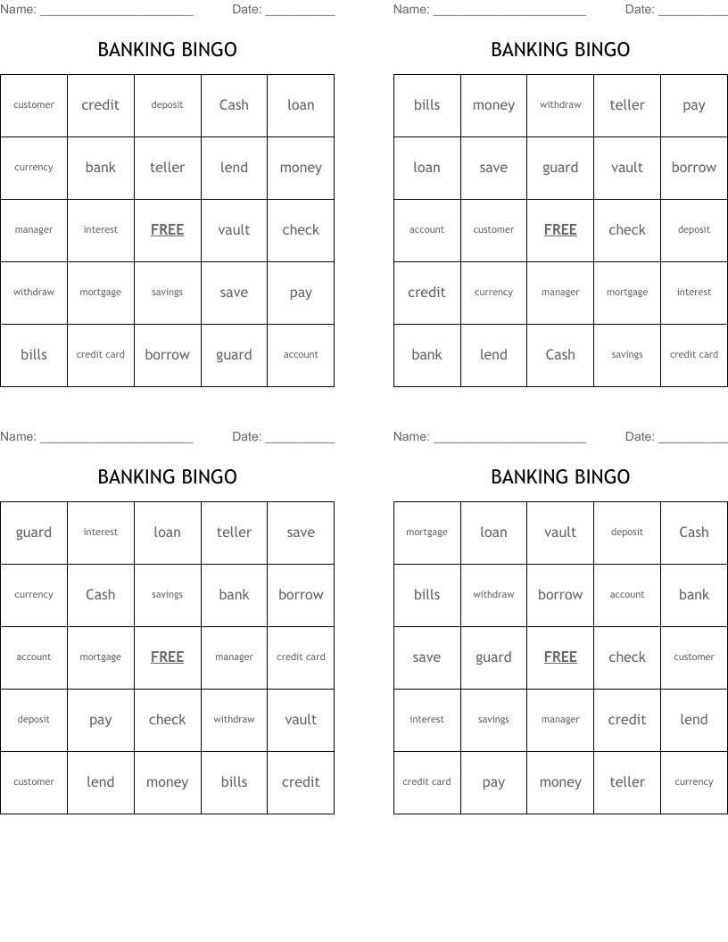 BANKING BINGO