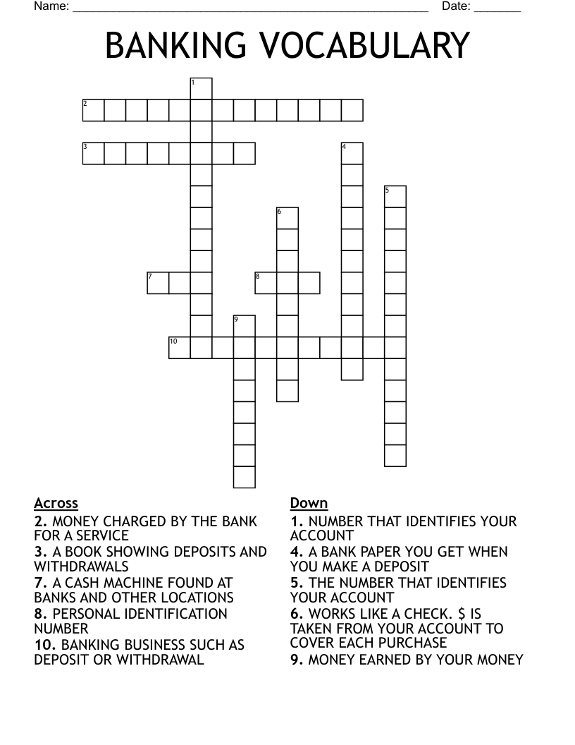 BANKING VOCABULARY Crossword