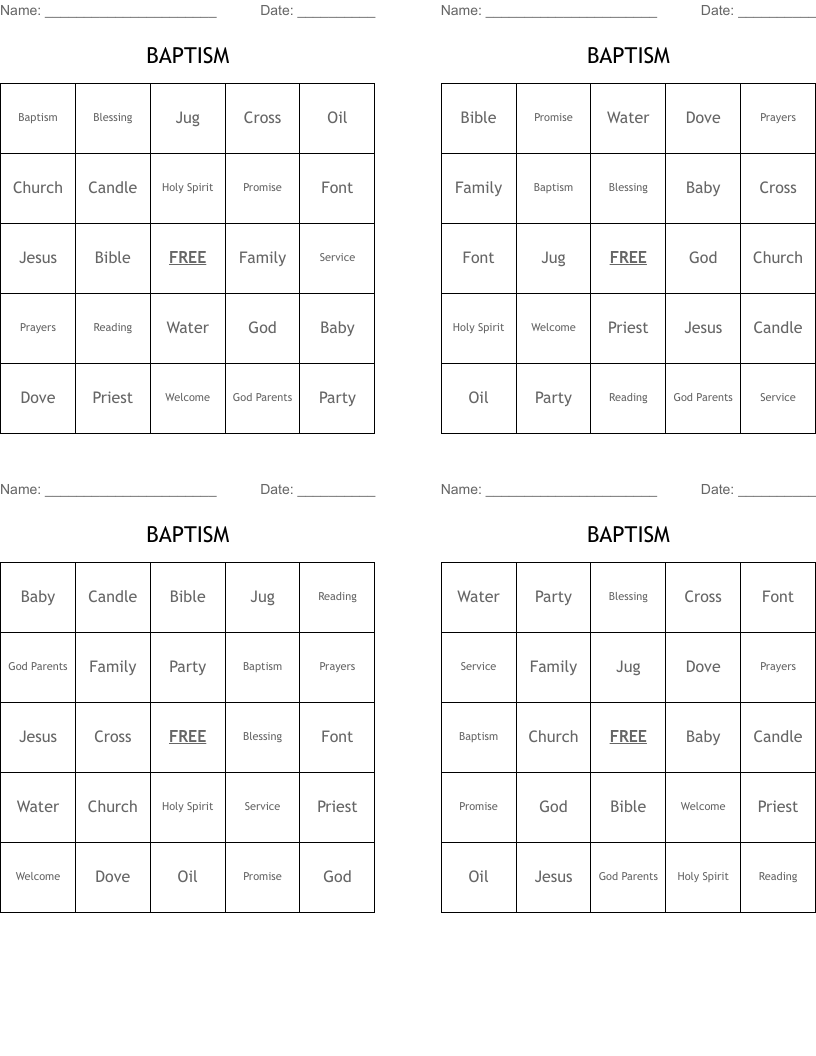 BAPTISM Bingo Cards