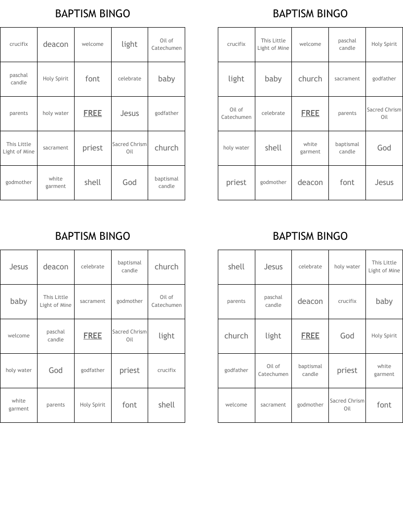 BAPTISM BINGO