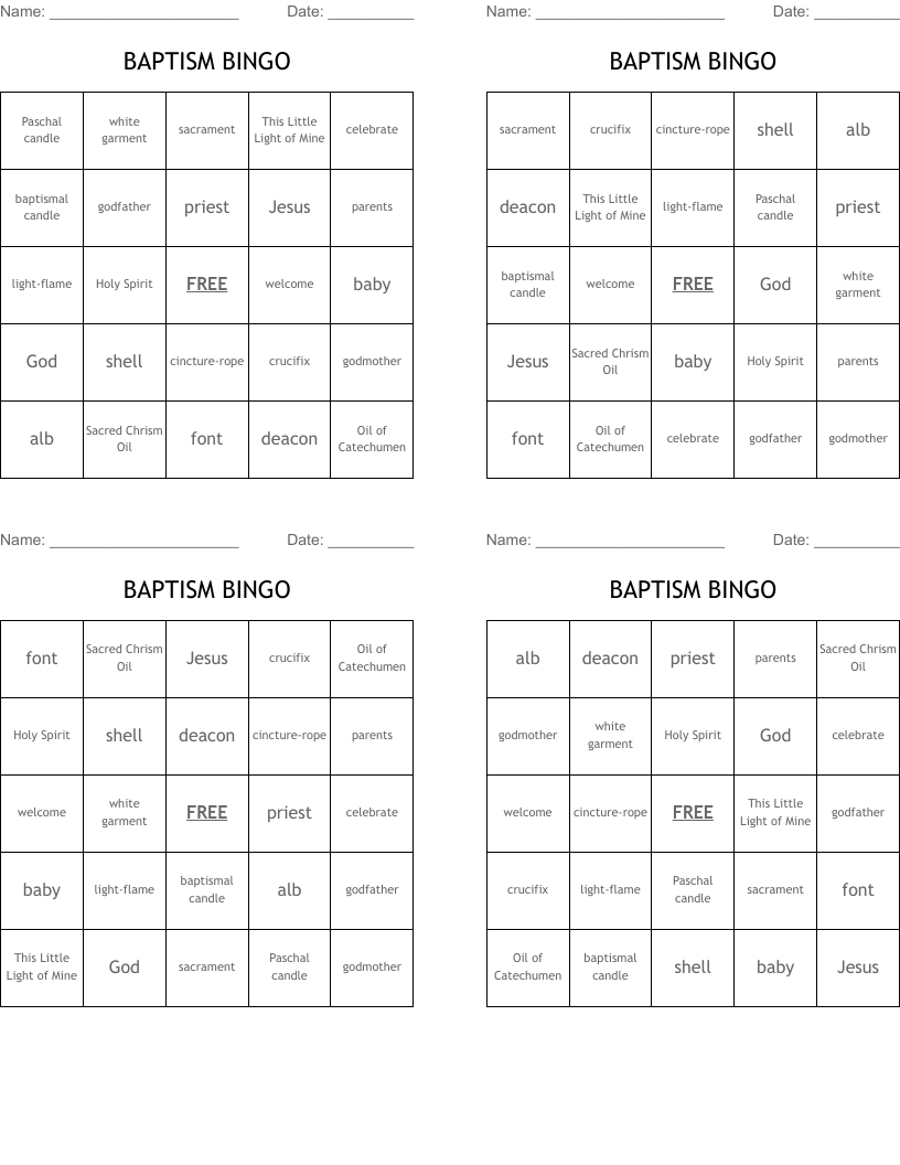 BAPTISM BINGO
