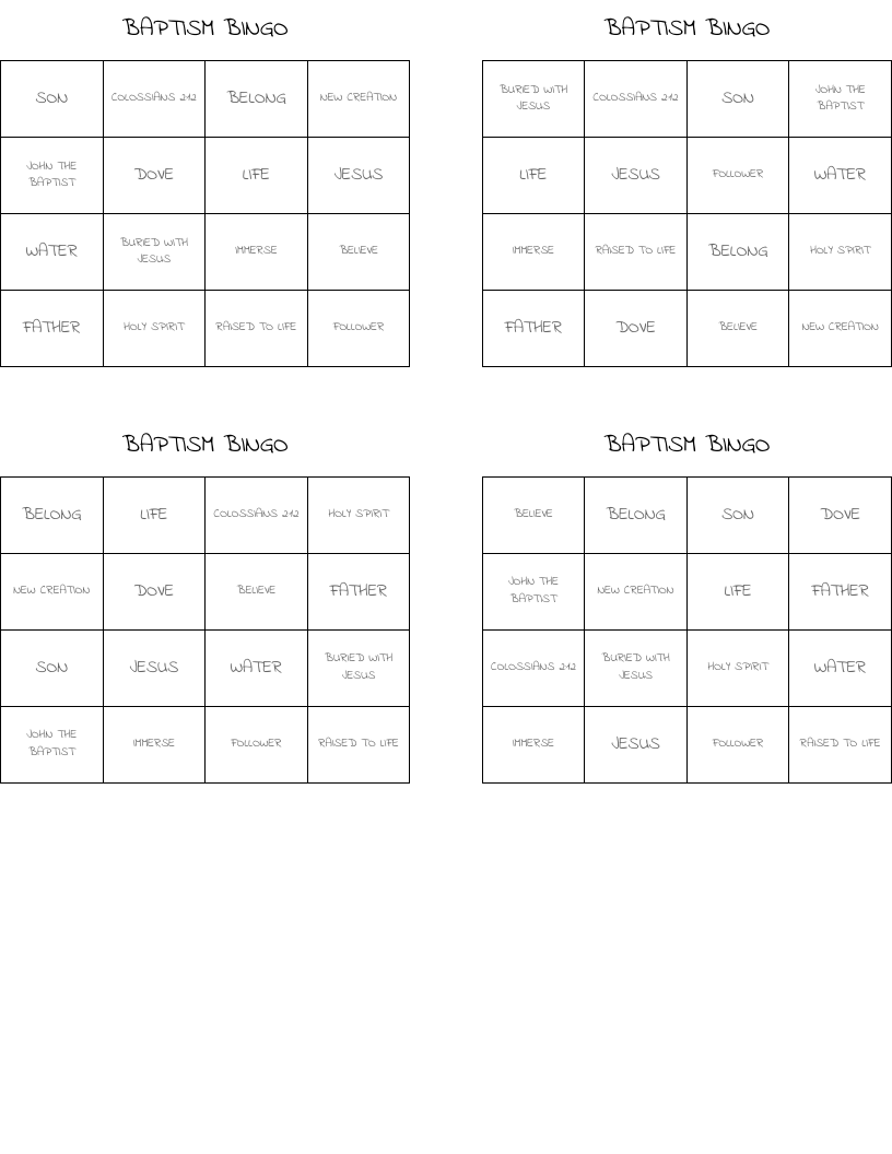 BAPTISM BINGO