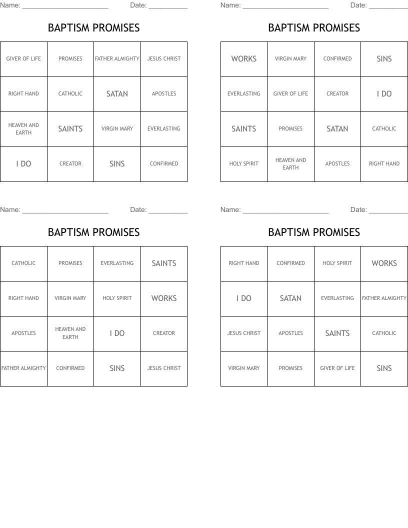 BAPTISM PROMISES Bingo Cards