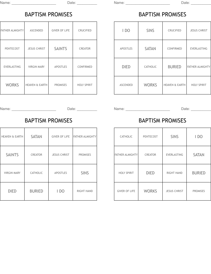 BAPTISM PROMISES Bingo Cards