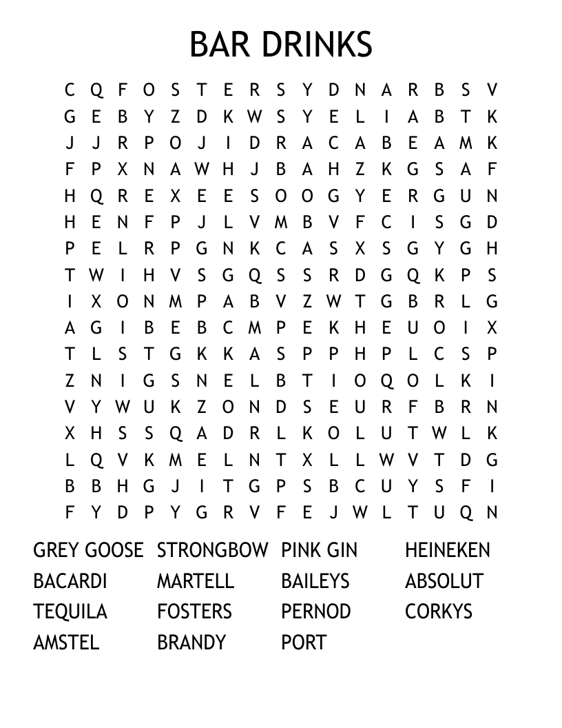 BAR DRINKS Word Search