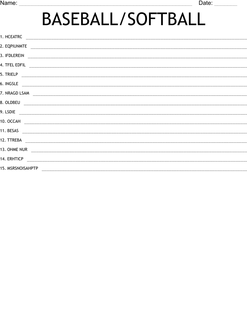 BASEBALL/SOFTBALL Word Scramble