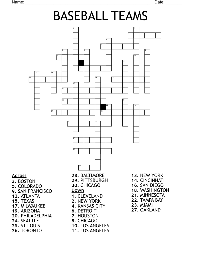 BASEBALL TEAMS Crossword
