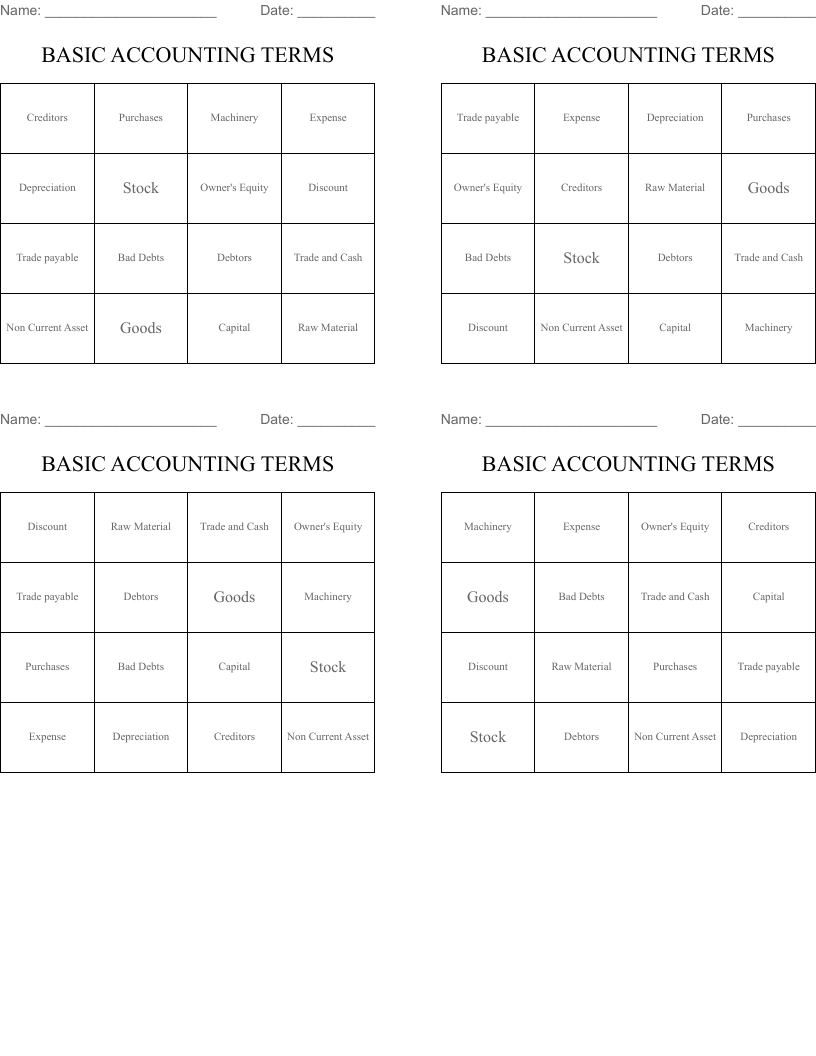 BASIC ACCOUNTING TERMS Bingo Cards