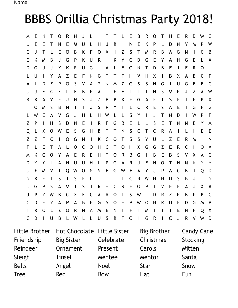 BBBS Orillia Christmas Party 2018! Word Search
