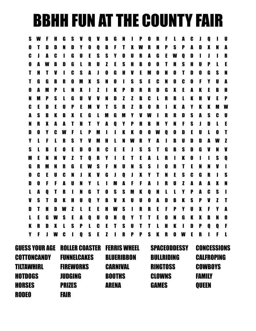 BBHH FUN AT THE COUNTY FAIR Word Search