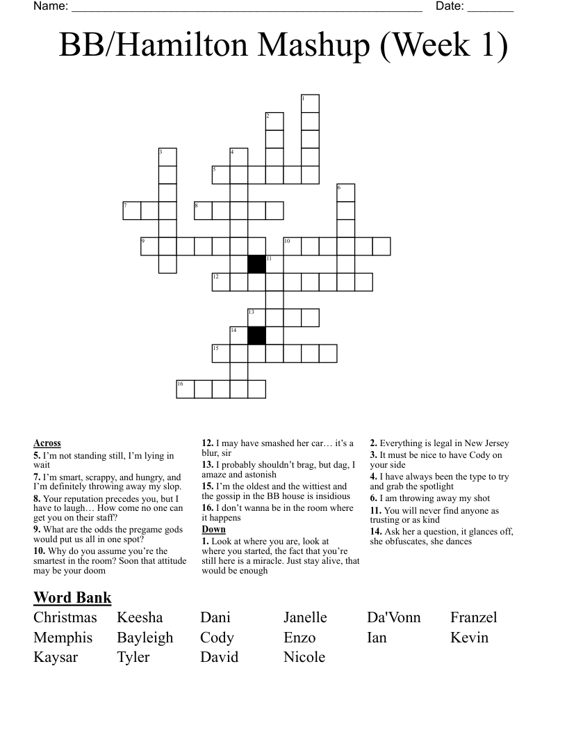 BB/Hamilton Mashup (Week 1) Crossword