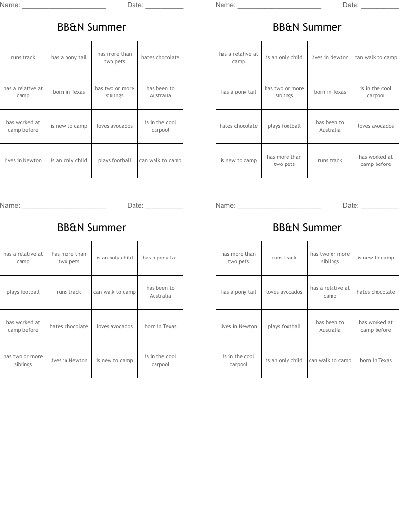 BB&N Summer Bingo Cards