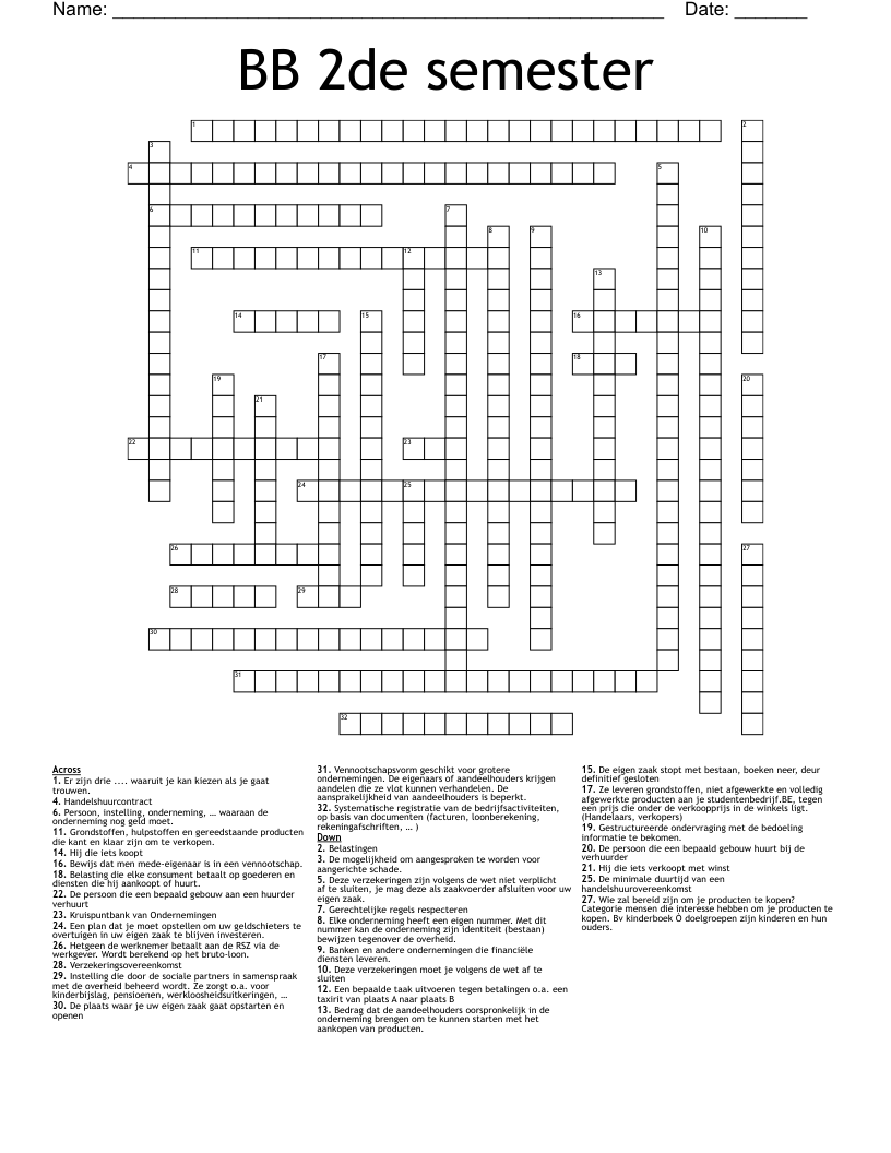 BB 2de semester Crossword
