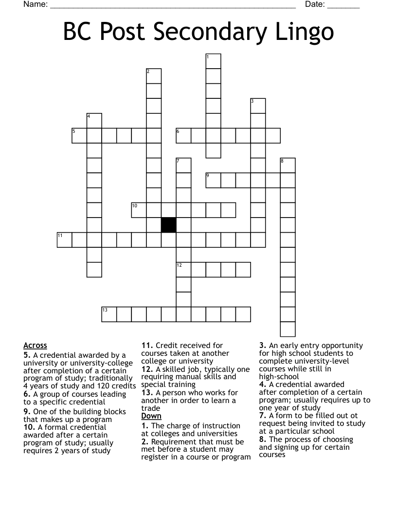 BC Post Secondary Lingo Crossword