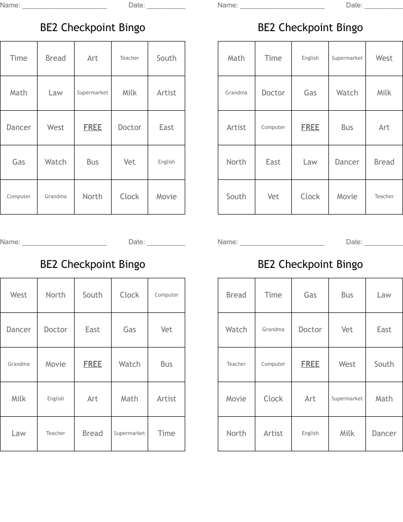 BE2 Checkpoint Bingo