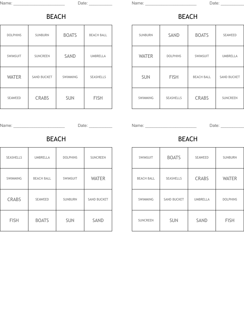 BEACH Bingo Cards