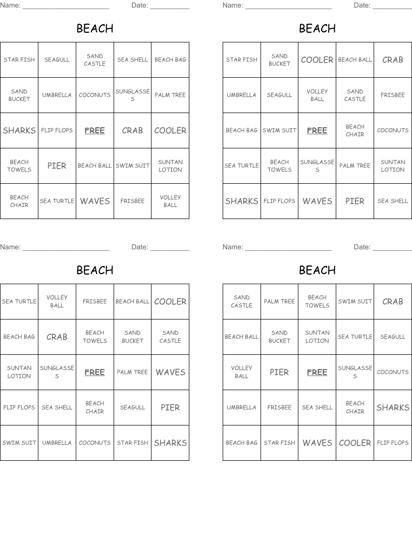 BEACH Bingo Cards