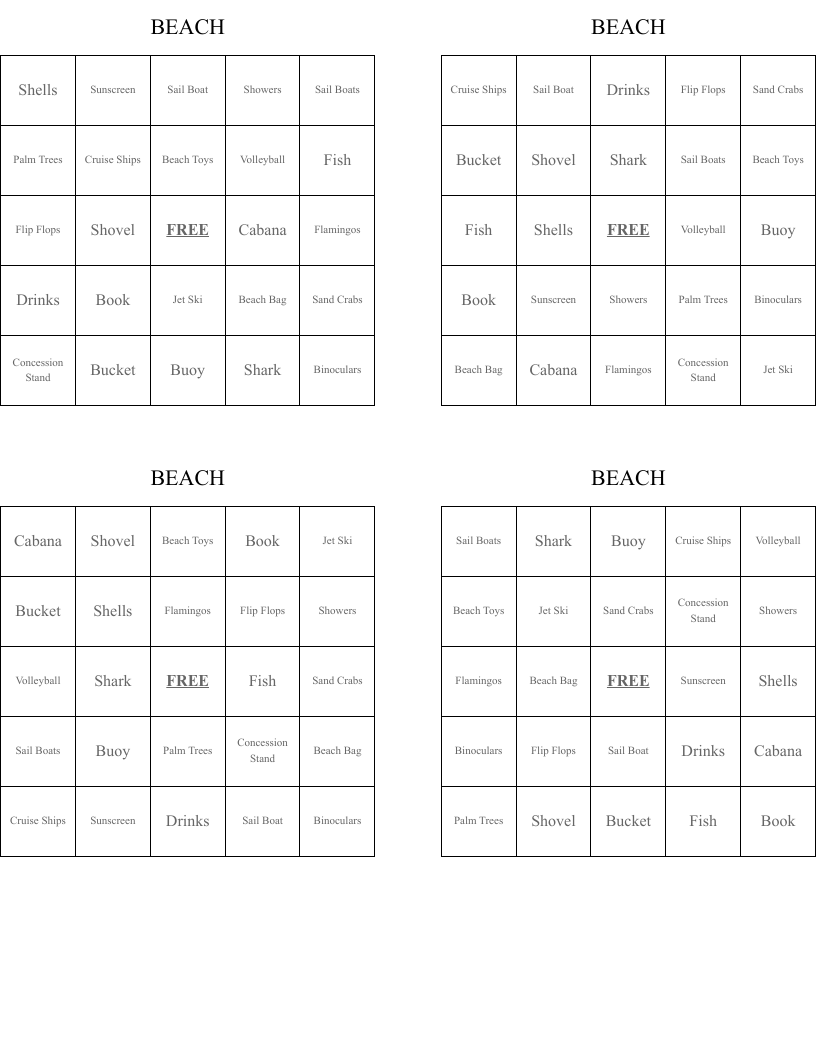 BEACH Bingo Cards