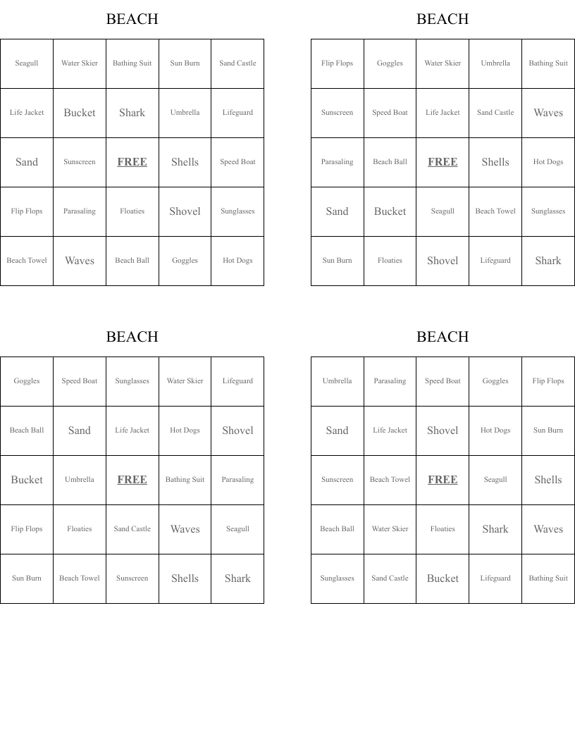 BEACH Bingo Cards