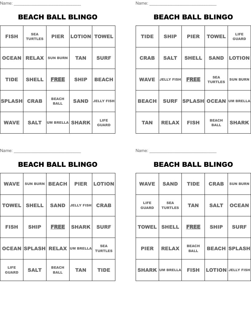 BEACH BALL BLINGO Bingo Cards