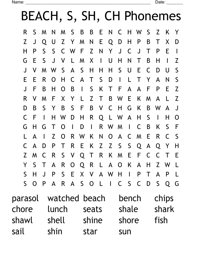 BEACH, S, SH, CH Phonemes Word Search