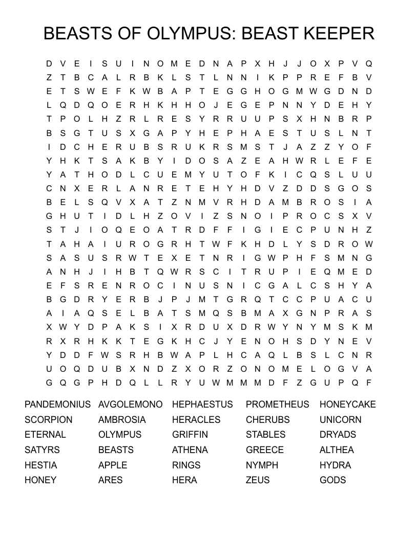 BEASTS OF OLYMPUS: BEAST KEEPER Word Search