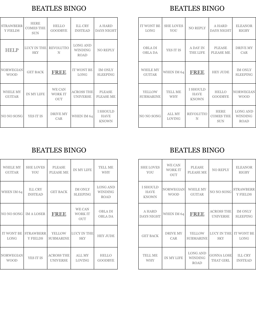 BEATLES BINGO