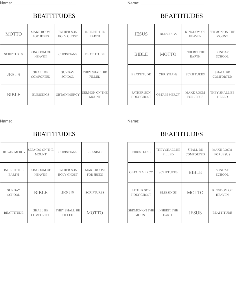 BEATTITUDES Bingo Cards