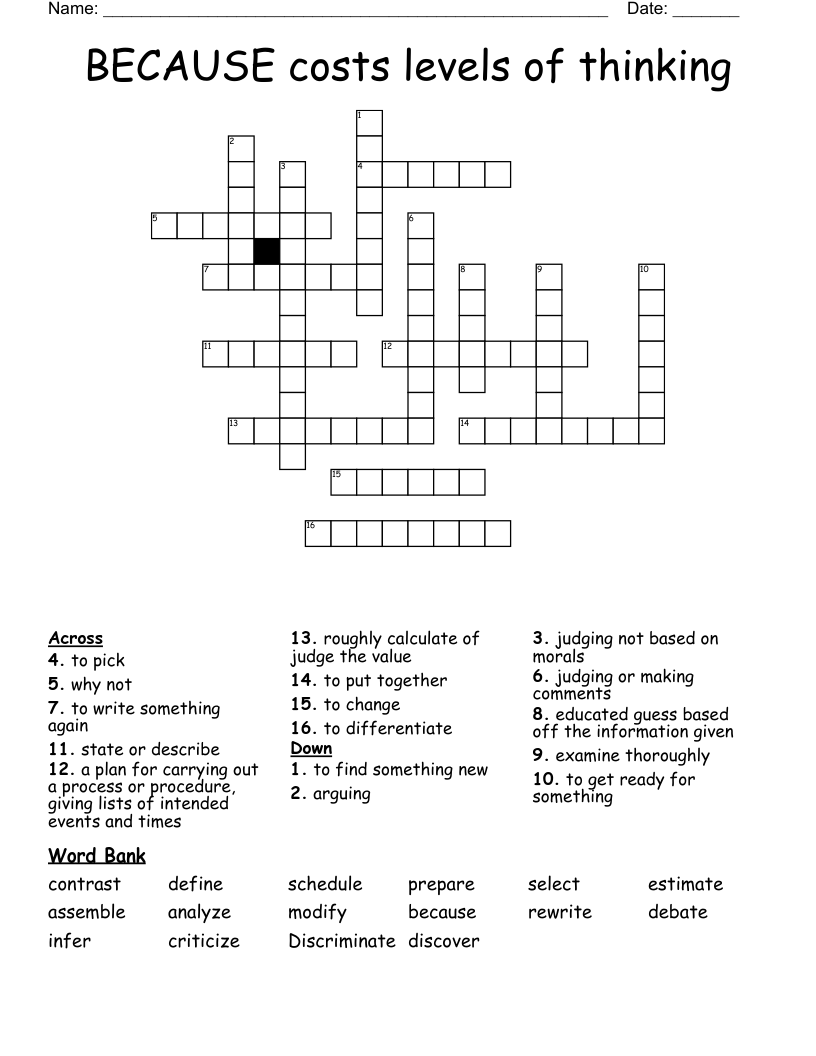 BECAUSE costs levels of thinking Crossword