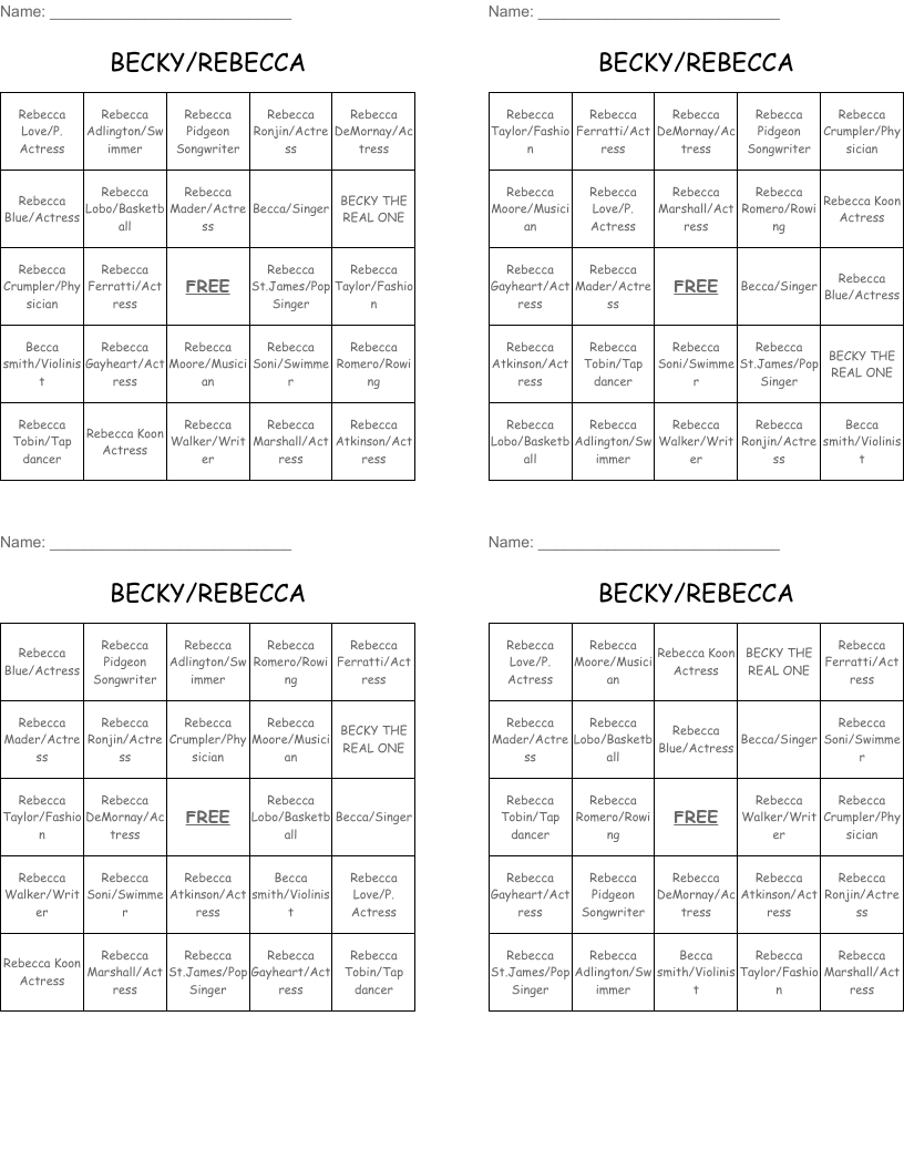 BECKY/REBECCA Bingo Cards