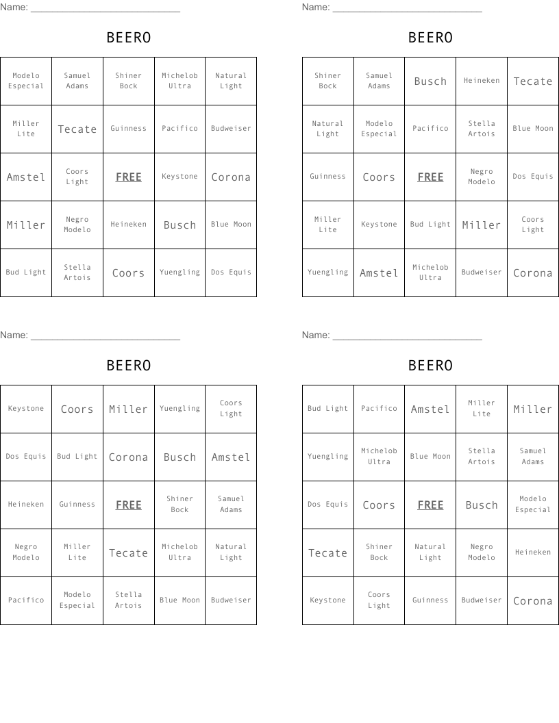 BEERO Bingo Cards