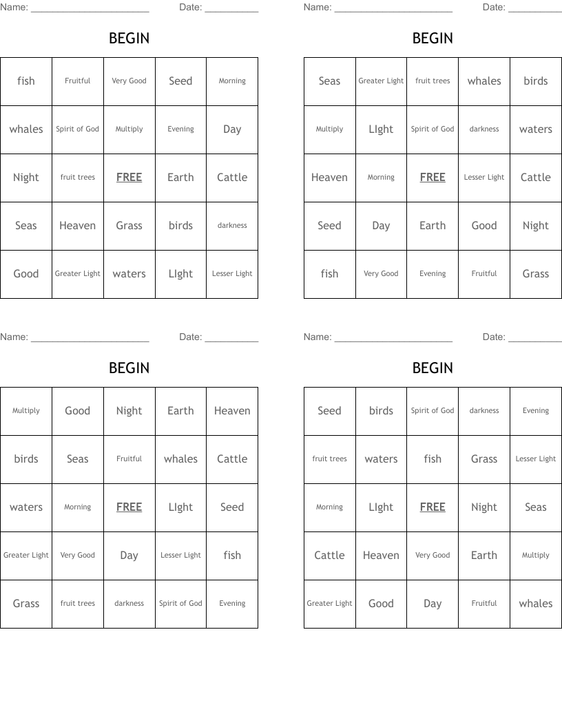 BEGIN Bingo Cards