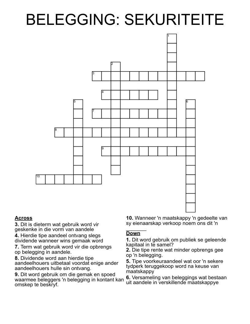 BELEGGING: SEKURITEITE Crossword