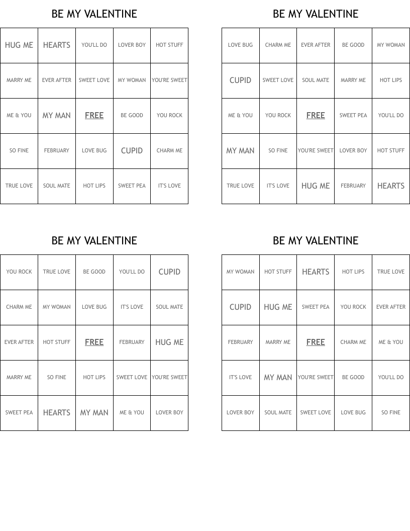 BE MY VALENTINE Bingo Cards