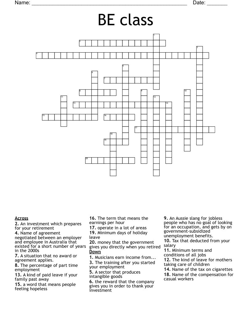 BE class Crossword