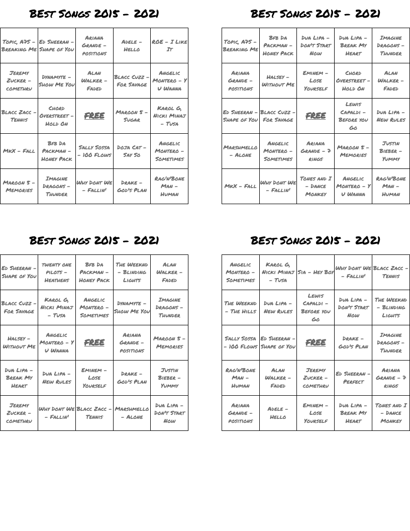 BEst Songs 2015 - 2021 Bingo Cards