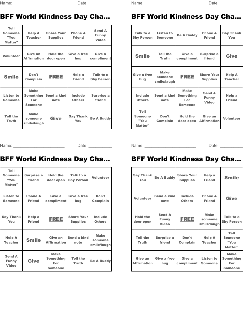 BFF World Kindness Day Challenge Bingo Cards