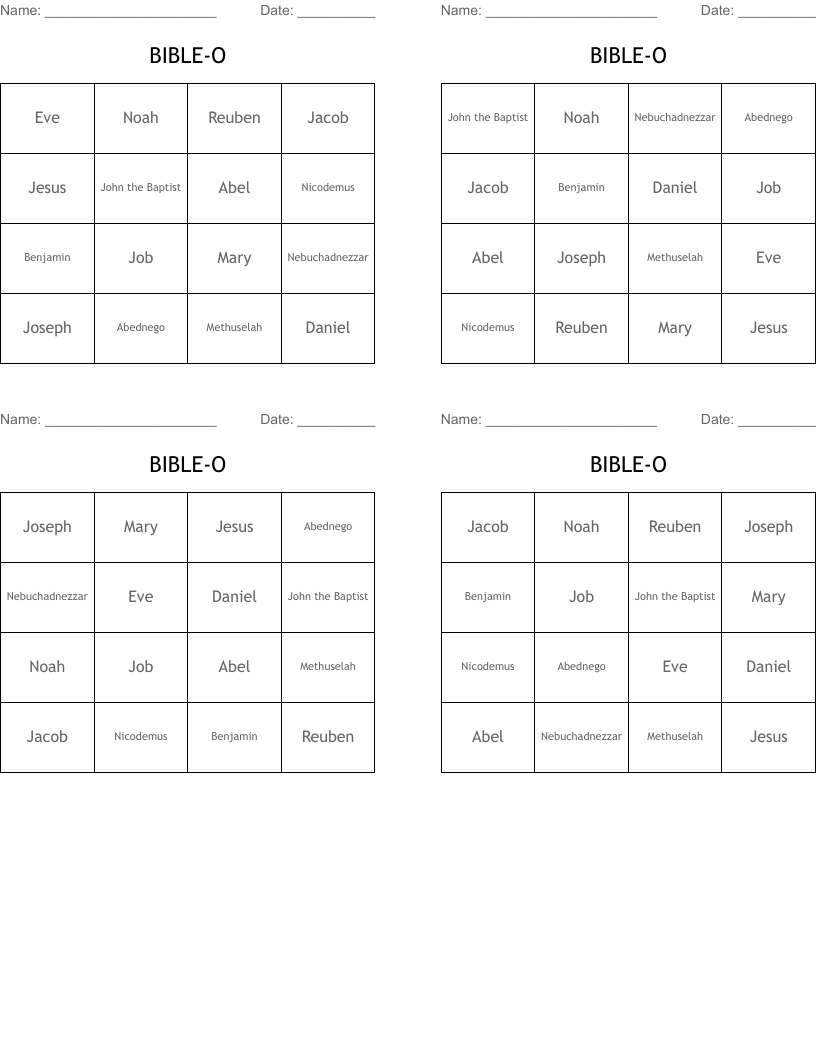 BIBLE-O Bingo Cards