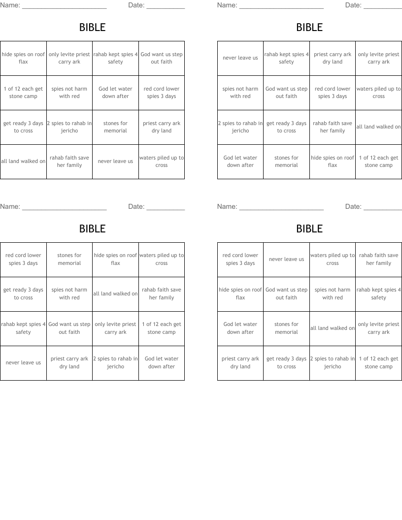 BIBLE Bingo Cards
