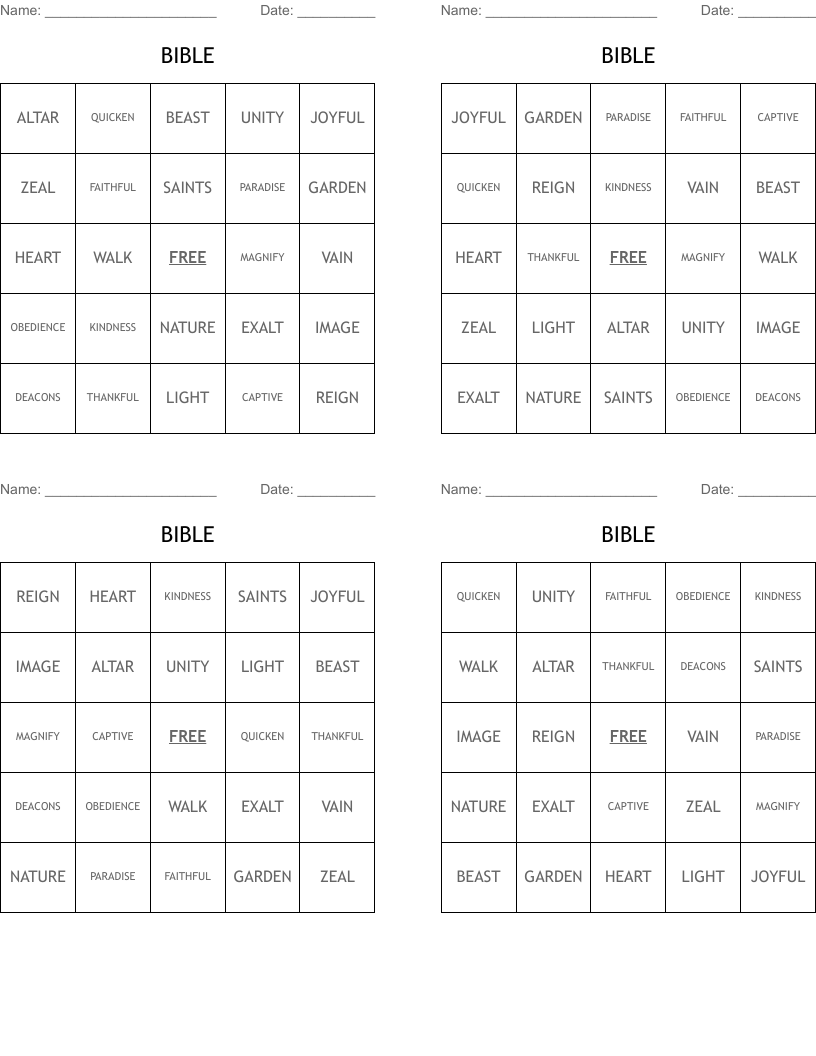 BIBLE Bingo Cards