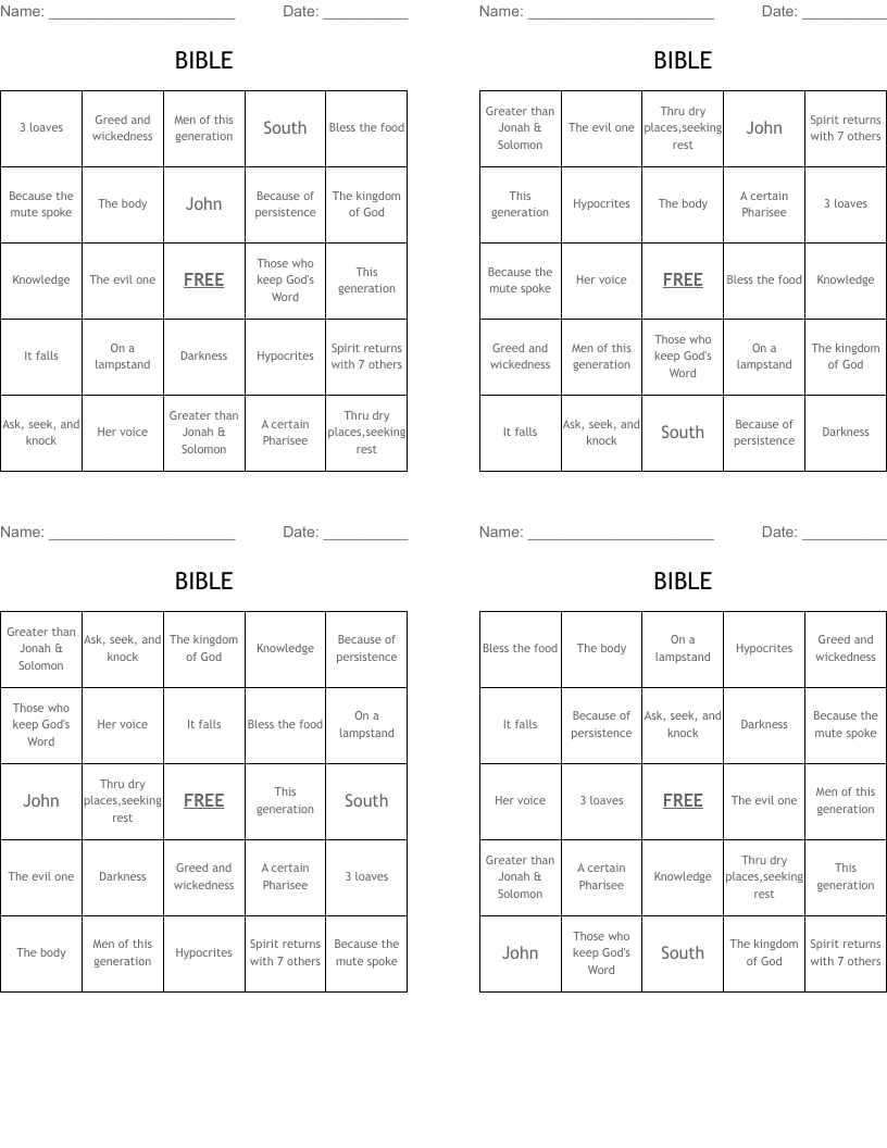 BIBLE Bingo Cards