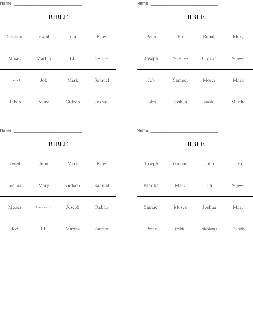 BIBLE Bingo Cards