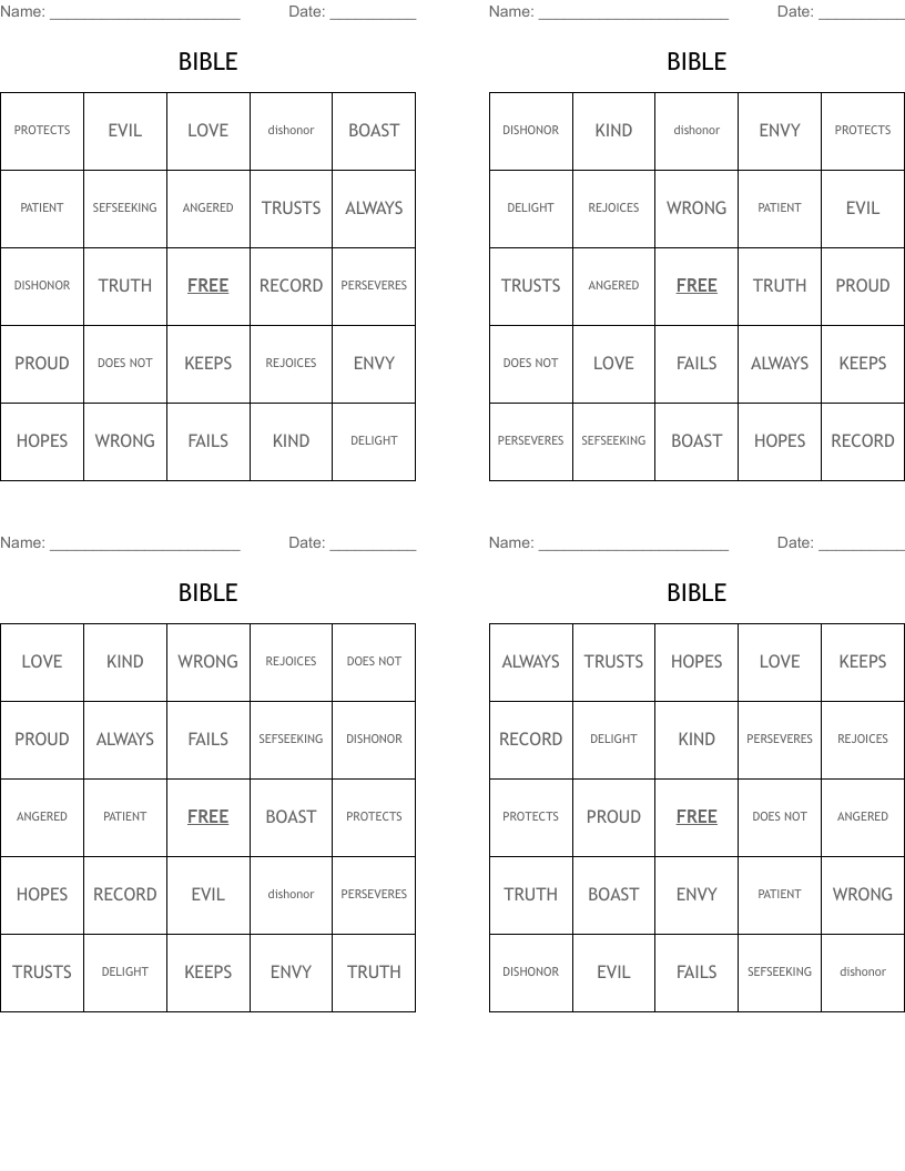 BIBLE Bingo Cards