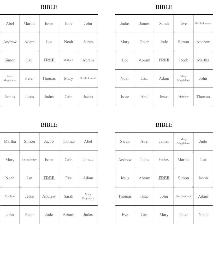 BIBLE Bingo Cards