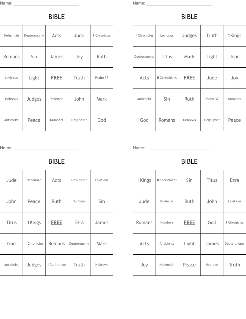 BIBLE Bingo Cards