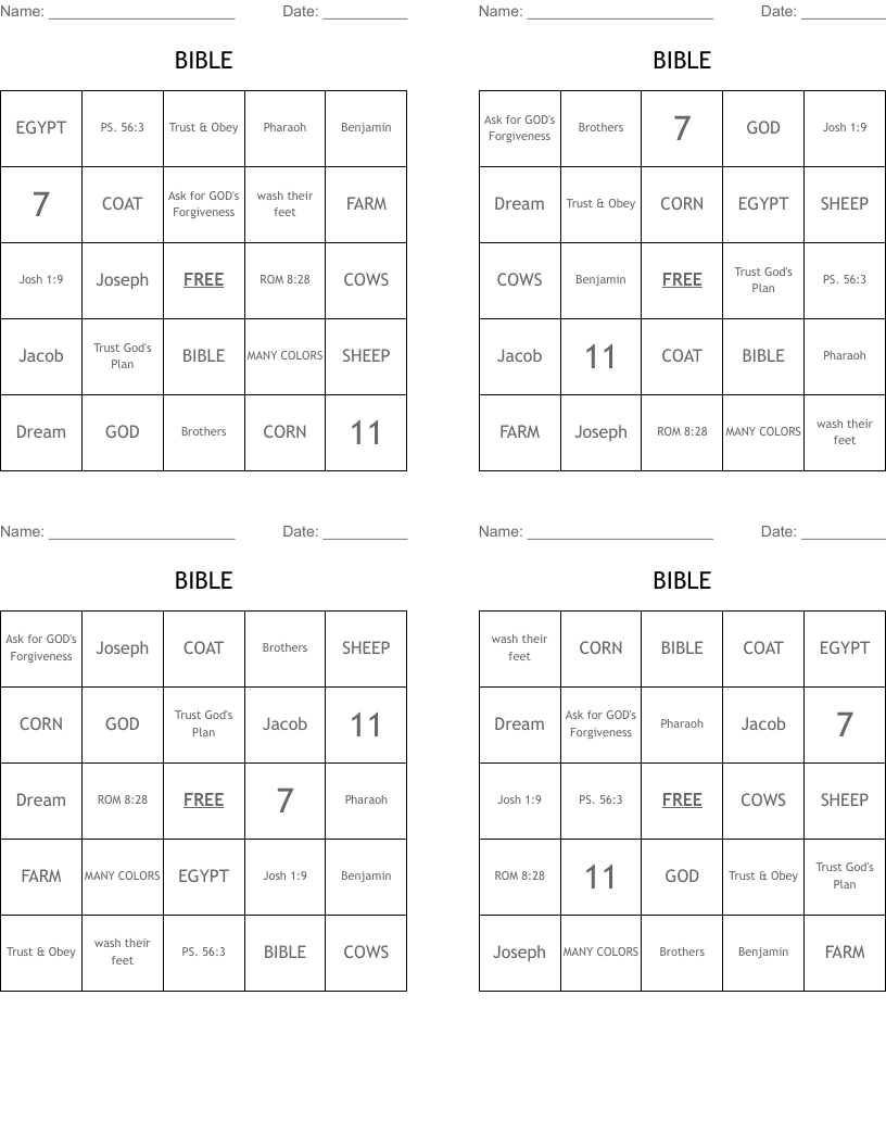 BIBLE Bingo Cards