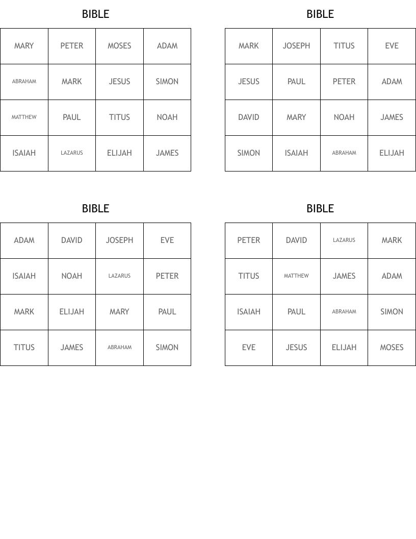 BIBLE Bingo Cards