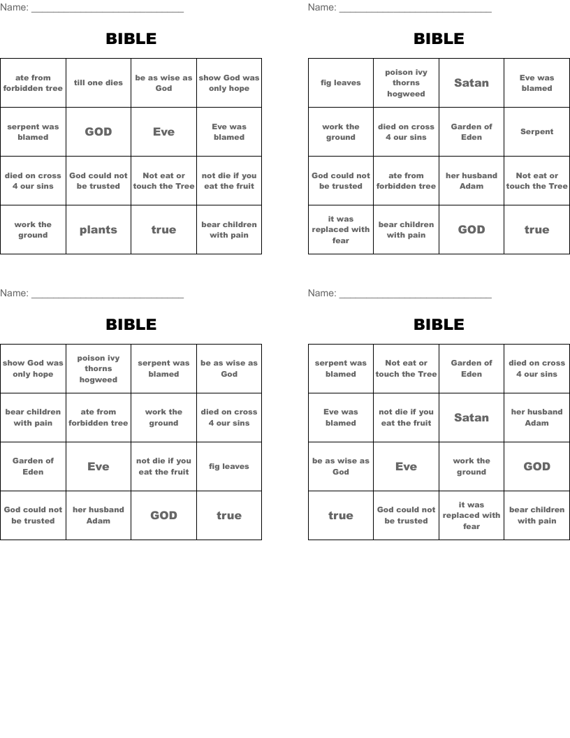 BIBLE Bingo Cards