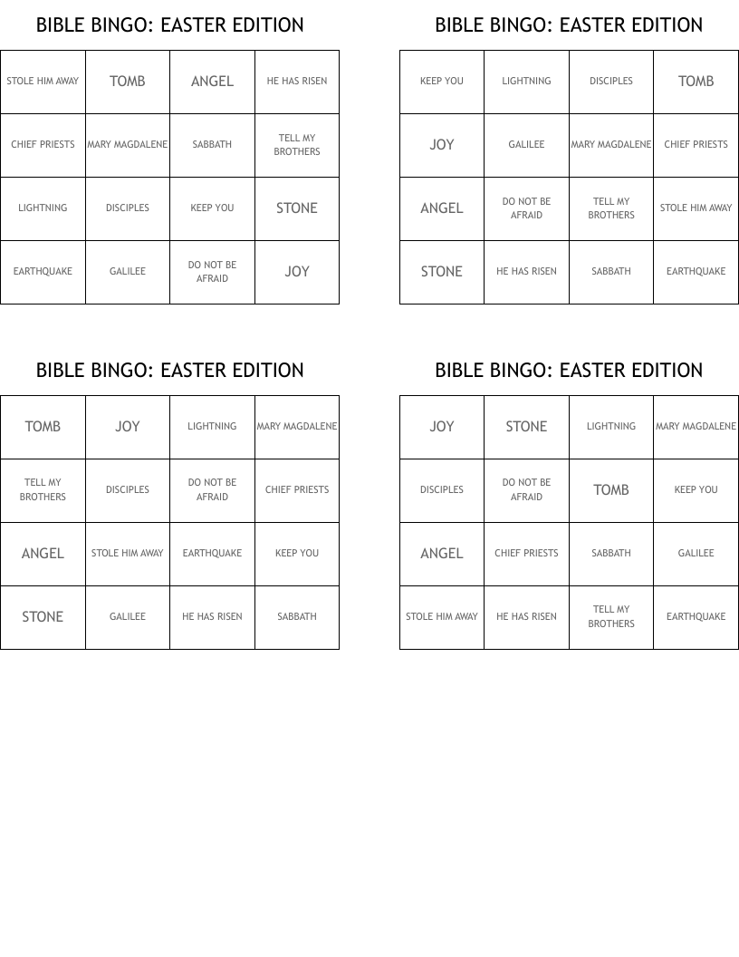 BIBLE BINGO:  EASTER EDITION